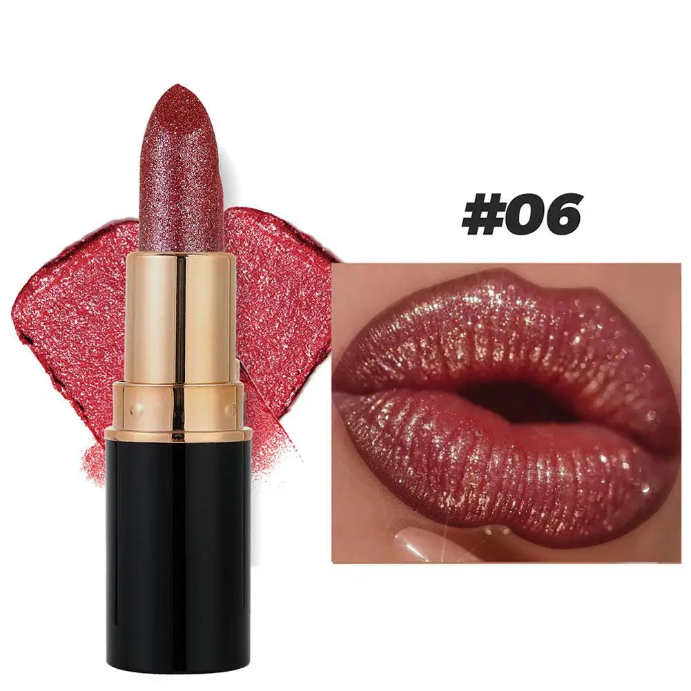 6 Colors Glitter Lipstick Waterproof Lasting Diamond Pearlescent Metallic Lipstick Women Lips Makeup Cosmetic