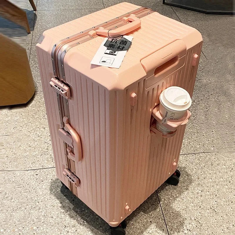 Large Capacity Travel Luggage Aluminum frame Suitcase pull rod Case 24/28/32 " with Cup Holder Travel Case Combination box