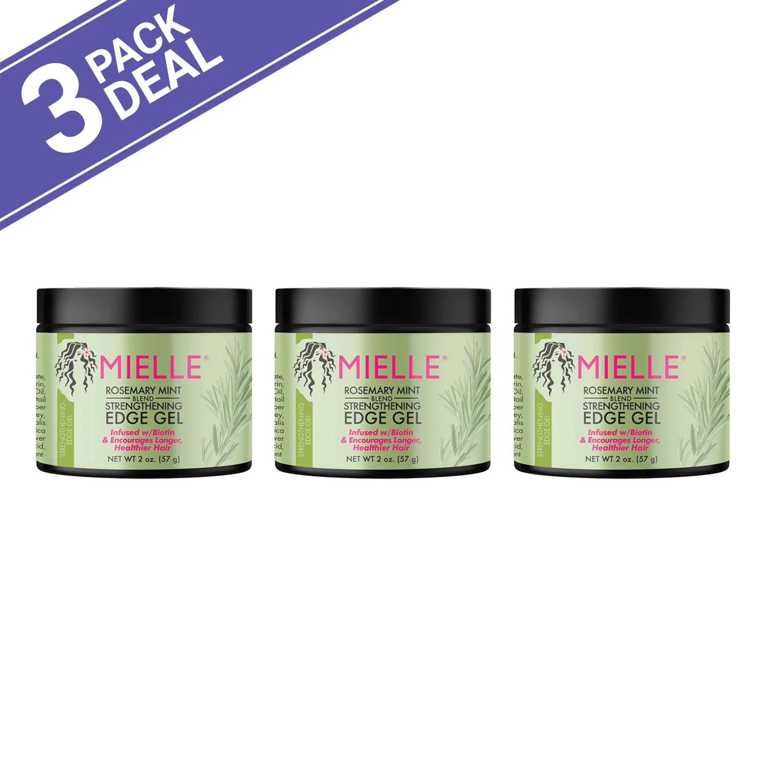 3Pack Deal Mielle Rosemary Mint Strengthening Edge Hair Gel 2oz/ 57g - Strong Hold, Nourishes Edges, Adds Natural Shine