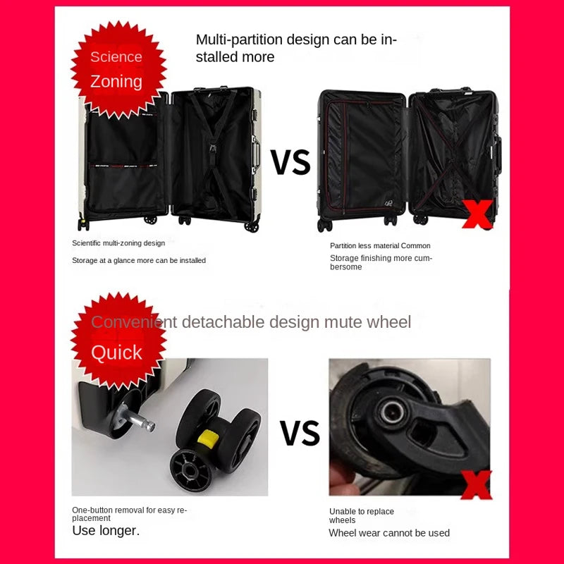 New Aluminum Frame Luggage 20/22/24/26/28 Inch Student Trolley Case Sturdy PC Materia Large Capacity Suitcase on Wheels