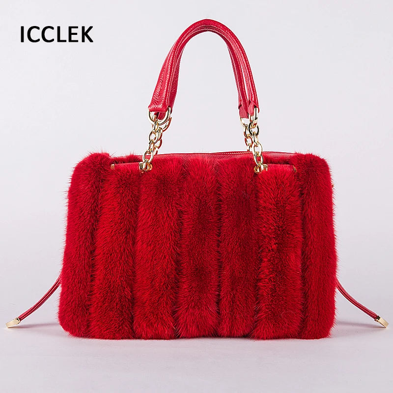 2021 New Mink Fur Bag Women Luxury Handbags Elegant Ladies Single Shoulder Bag Female Leather Solid Color Party Hand Bag