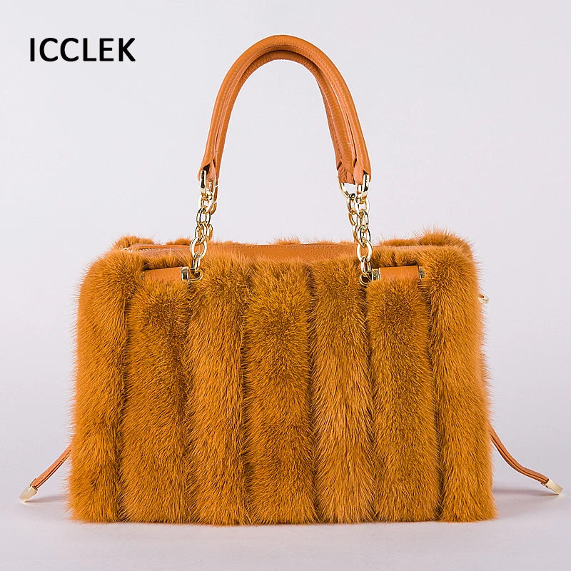 2021 New Mink Fur Bag Women Luxury Handbags Elegant Ladies Single Shoulder Bag Female Leather Solid Color Party Hand Bag