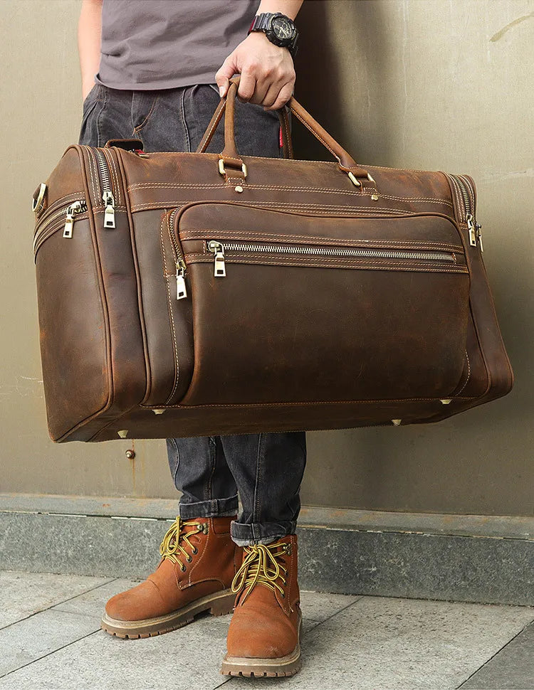 Luufan Crazy Horse Leather Men's Travel Bag Big Travel Duffel Durable Cowhide Weekend Bag Man Genuine Leather Luggage Tote Bag