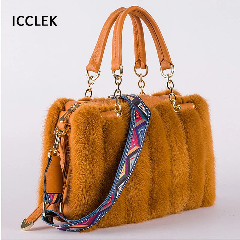 2021 New Mink Fur Bag Women Luxury Handbags Elegant Ladies Single Shoulder Bag Female Leather Solid Color Party Hand Bag