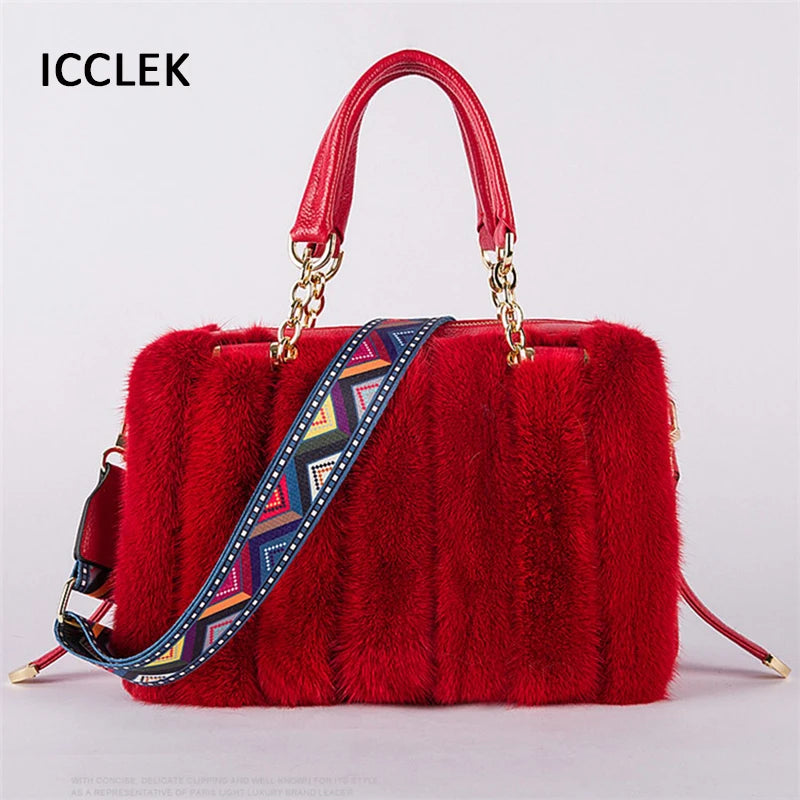 2021 New Mink Fur Bag Women Luxury Handbags Elegant Ladies Single Shoulder Bag Female Leather Solid Color Party Hand Bag