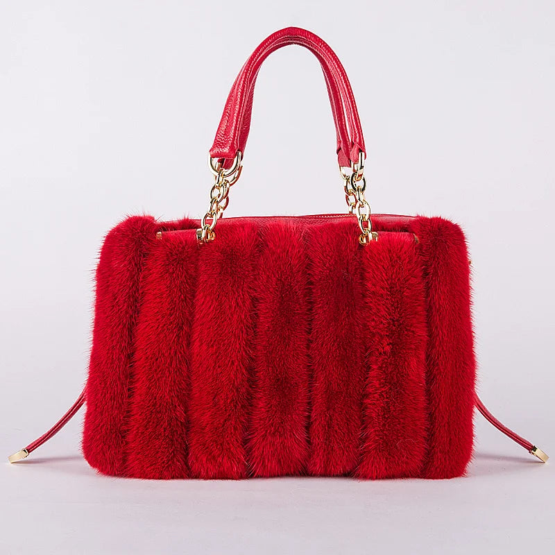 2021 New Mink Fur Bag Women Luxury Handbags Elegant Ladies Single Shoulder Bag Female Leather Solid Color Party Hand Bag