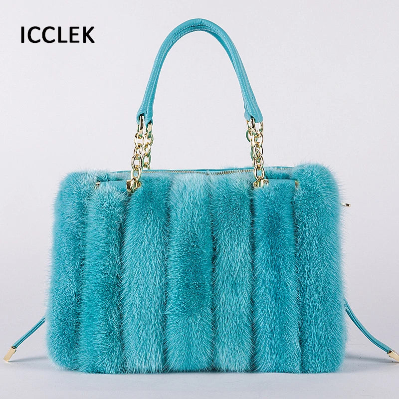 2021 New Mink Fur Bag Women Luxury Handbags Elegant Ladies Single Shoulder Bag Female Leather Solid Color Party Hand Bag