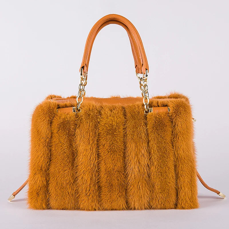 2021 New Mink Fur Bag Women Luxury Handbags Elegant Ladies Single Shoulder Bag Female Leather Solid Color Party Hand Bag