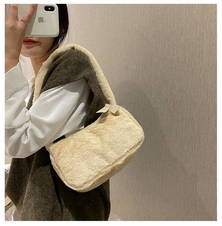 Simple Design Women Soft Plush Hobos Shoulder Bags Winter Furry Ladies Clutch Purse Handbag Fashion Female Underarm Bag