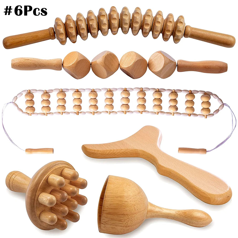 Wooden Therapy Massager Lymphatic Drainage Anti Cellulite Maderoterapia Kit - Body Contouring, Belly Waist Muscle Massage Relax