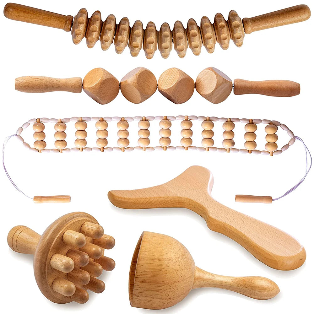 Wooden Therapy Massager Lymphatic Drainage Anti Cellulite Maderoterapia Kit - Body Contouring, Belly Waist Muscle Massage Relax