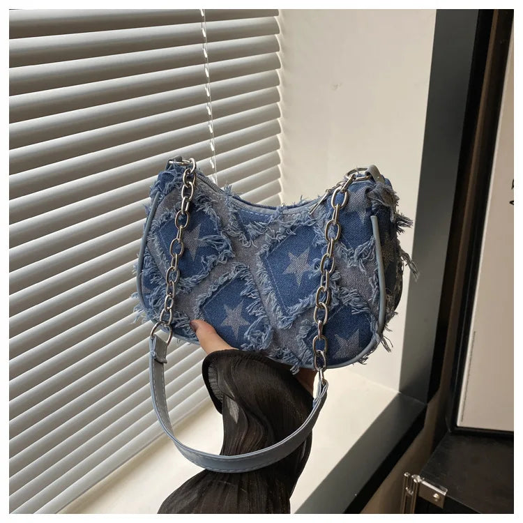 Casual Star Denim Shoulder Bags for Women Plaid Tassel Cool Hot Girls Underarm Phone Bag Fashion Versatile Female Handbags