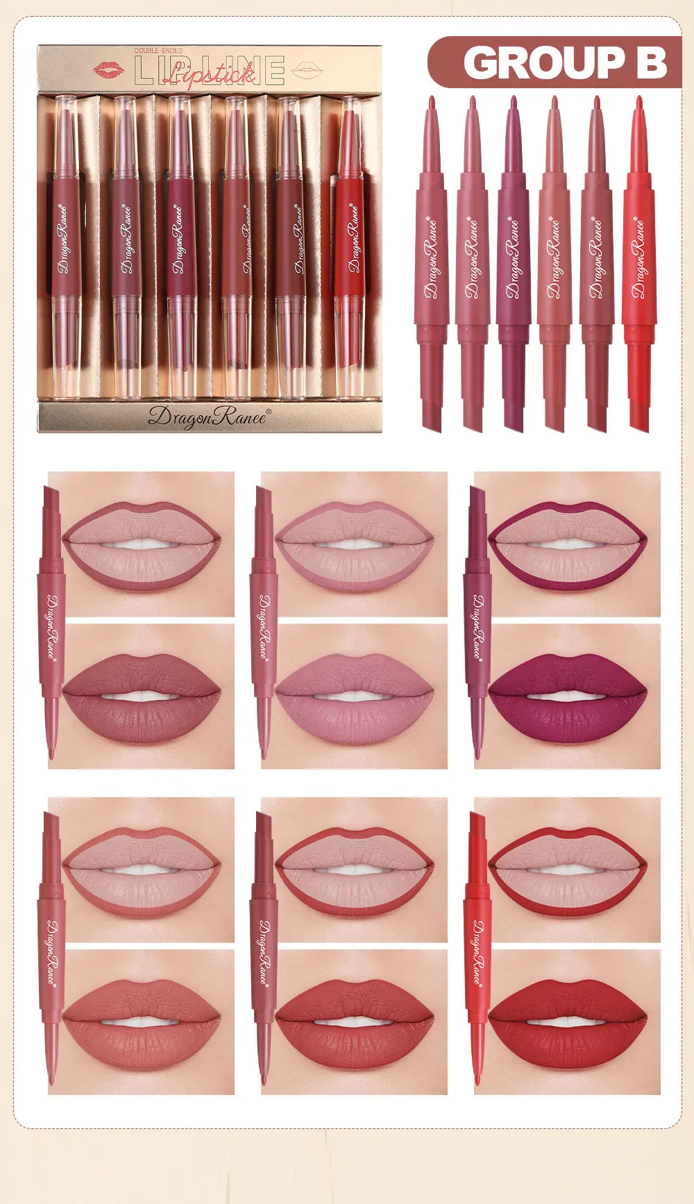 Six Double-Ended Lipstick Set, Velvet Matte Matte Lipstick, Lip Gloss, Easy to Color, Non-Fading, Non-Stick Lipstick Set