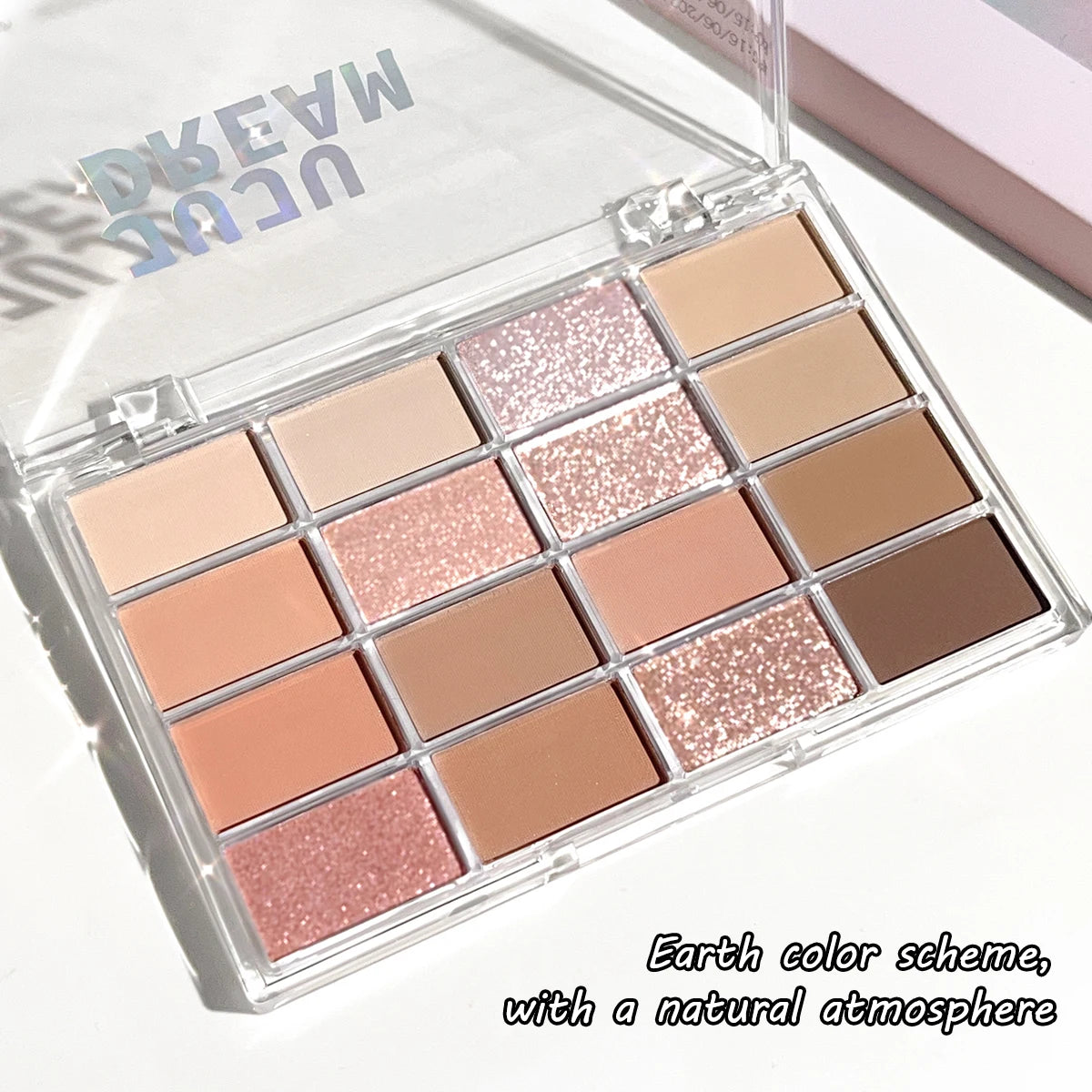 Dream 16 color eyeshadow palette - matte, glitter, shimmer, earth brown, purple and pink - low saturation everyday makeup