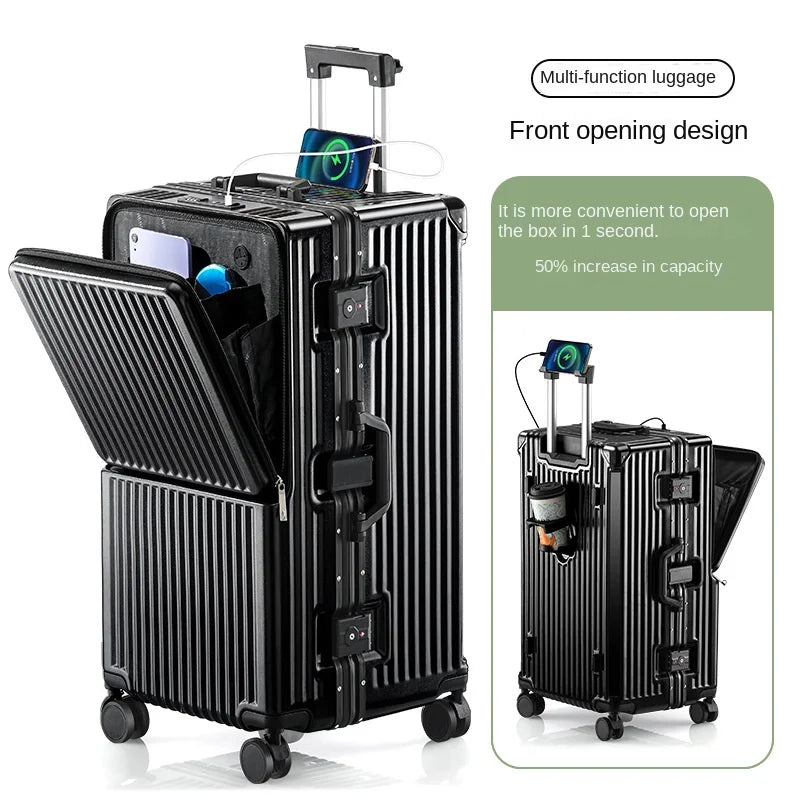 Front Opening Suitcase 2025 New Large Capacity 20/30 inch Aluminum Frame Luggage with USB Cup Holder Laptop Bag Travel Suitcases