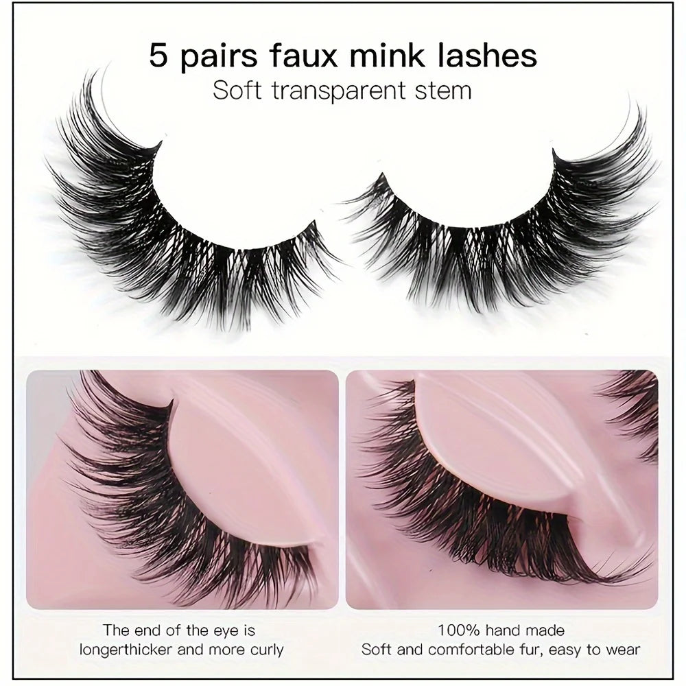 5 Pairs False Eyelashes - Natural Long, Cat Eye Style, Winged Tips, Manga Lashes for Eye Elongation,