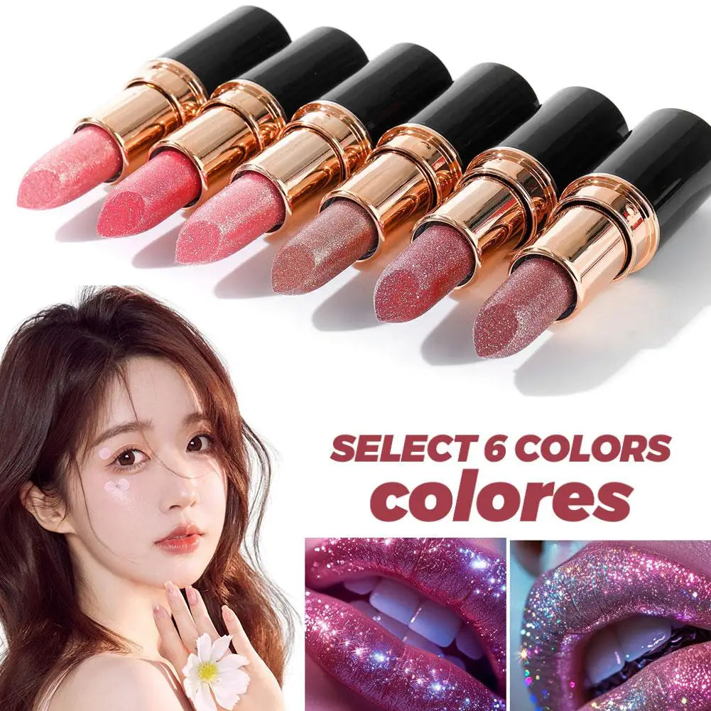 6 Colors Glitter Lipstick Waterproof Lasting Diamond Pearlescent Metallic Lipstick Women Lips Makeup Cosmetic