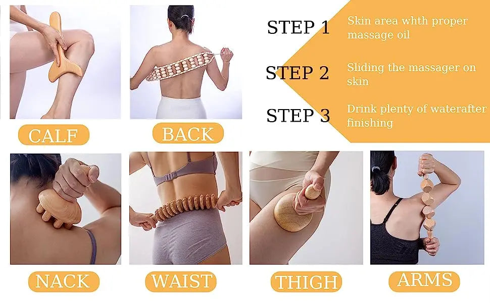 Wooden Therapy Massager Lymphatic Drainage Anti Cellulite Maderoterapia Kit - Body Contouring, Belly Waist Muscle Massage Relax