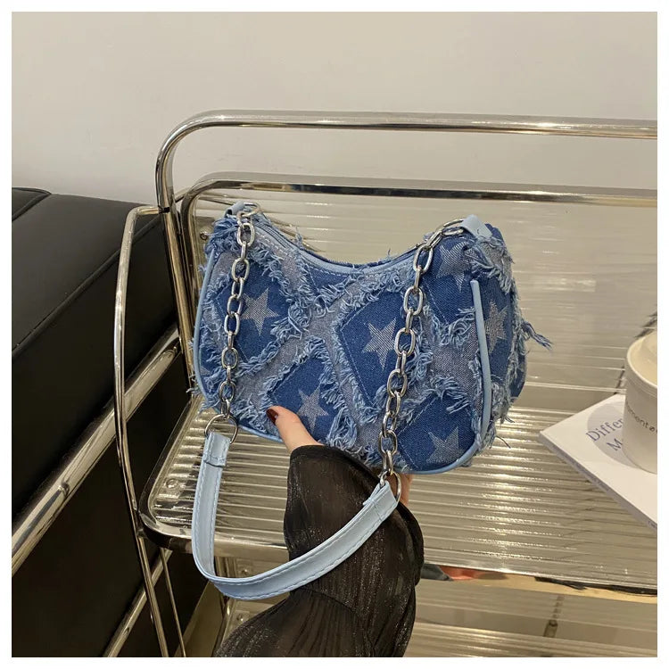 Casual Star Denim Shoulder Bags for Women Plaid Tassel Cool Hot Girls Underarm Phone Bag Fashion Versatile Female Handbags