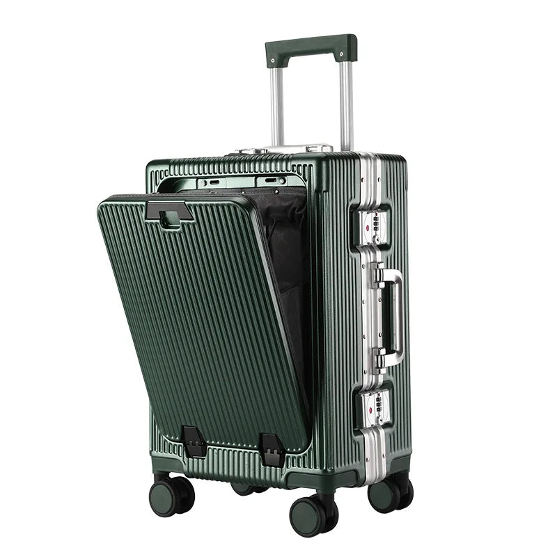 Front open trolley suitcase with cup holder travel luggage pull rod Aluminum frame Large capacity usb charging carry on suitcase