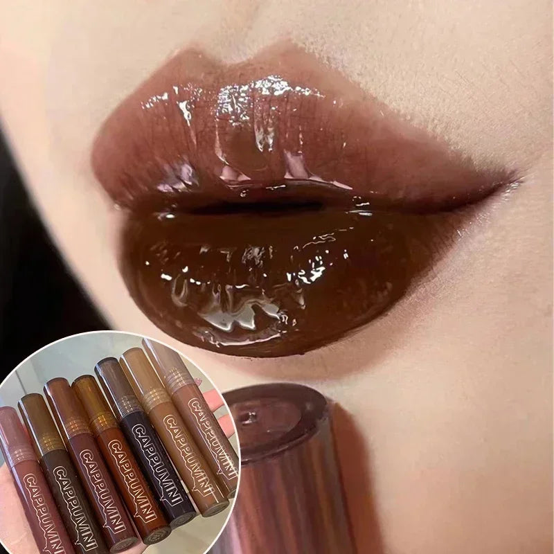Punk Dark Brown Mirror Water Lip Gloss Red Lip Glaze Transparent Glass Lip Oil Waterproof Liquid Lipstick Clear Tint Makeup New