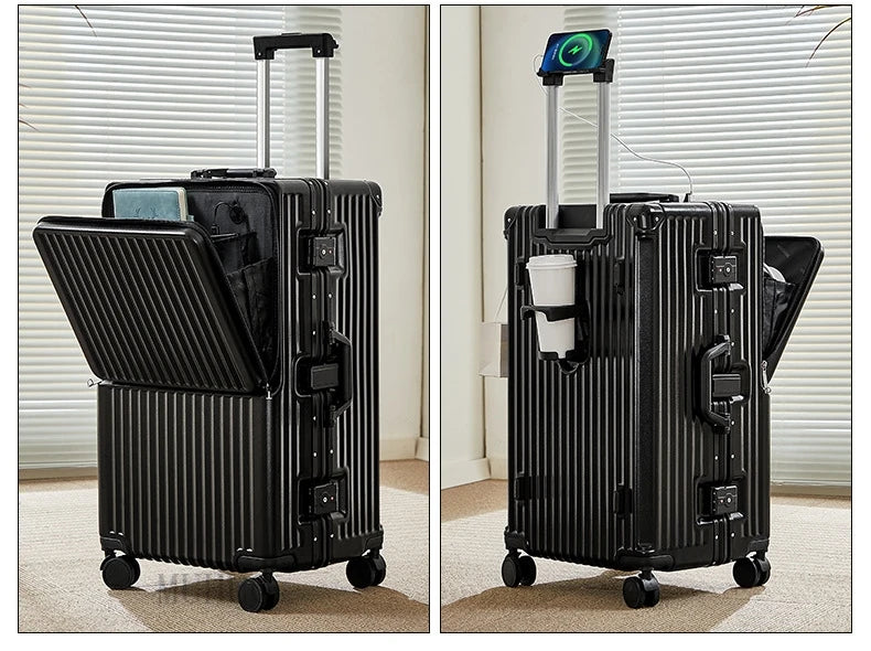 Front Opening Suitcase 2025 New Large Capacity 20/30 inch Aluminum Frame Luggage with USB Cup Holder Laptop Bag Travel Suitcases