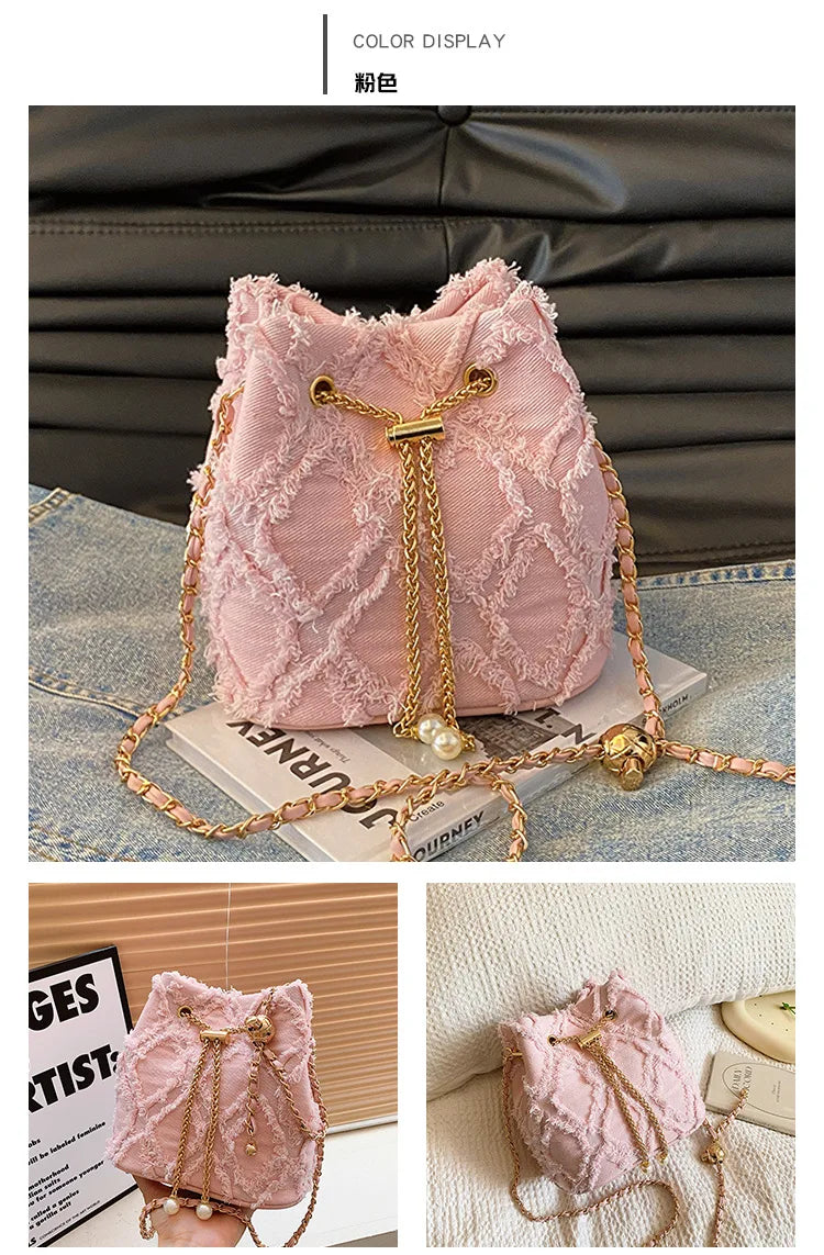 Vintage Denim Bucket Bag Retro Style Light Blue Ripped Edge Design Gold Chain Pearl Embellishment Adjustable Fringe Shoulder Bag