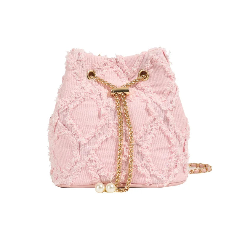 Vintage Denim Bucket Bag Retro Style Light Blue Ripped Edge Design Gold Chain Pearl Embellishment Adjustable Fringe Shoulder Bag