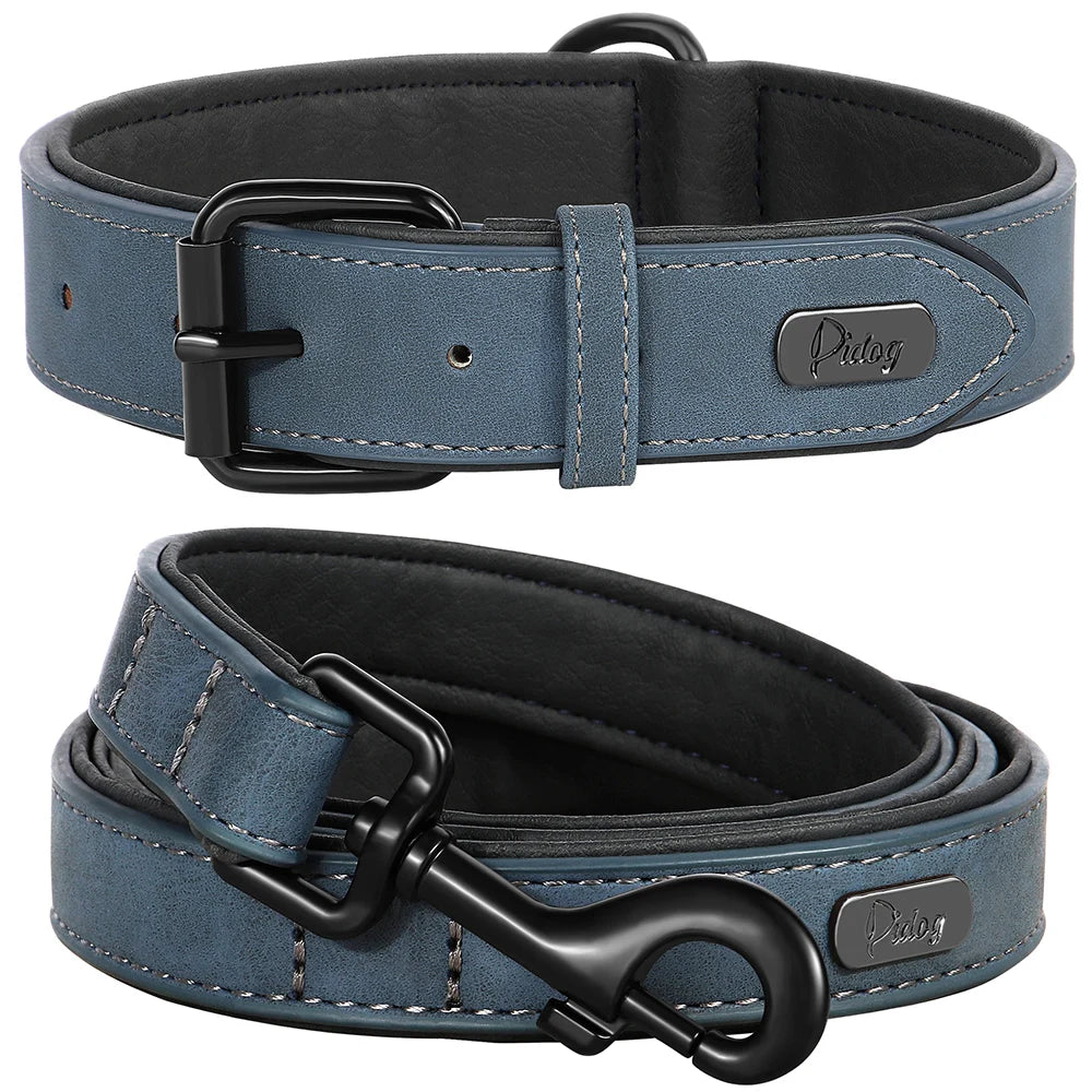 PU Leather Dog Collar Leash Set Soft Padded Puppy Dog Collars Adjustable Pet Necklace With Walking Lead For Small Large Dogs Pug