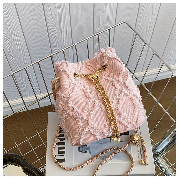 Vintage Denim Bucket Bag Retro Style Light Blue Ripped Edge Design Gold Chain Pearl Embellishment Adjustable Fringe Shoulder Bag
