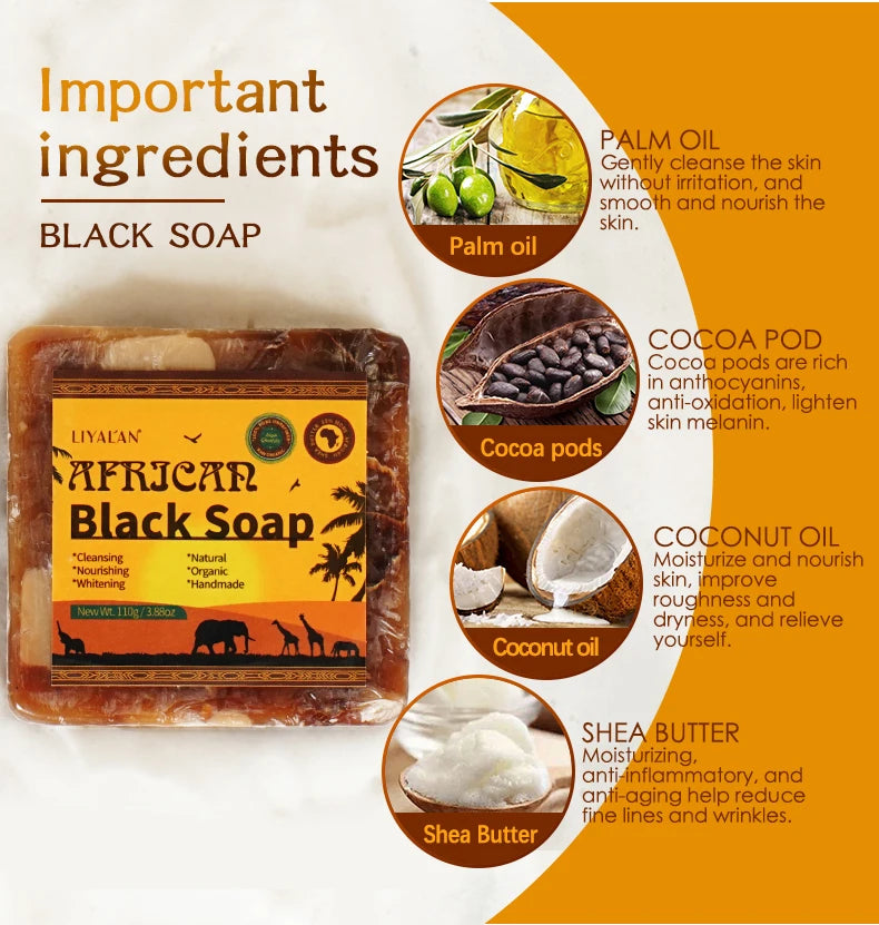 2pcs African Black Soap Reduce Acne Anti Rebelles Smooth Blemish Shea Butter Face Moisturizing Clean Brighten Handmade Skincare