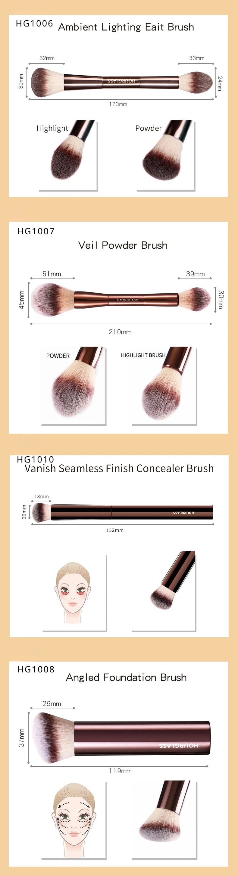 Hourglass Brushes Makeup Brushes Powder Foundation Concealer Blusher Bronzer Lip Brush Eyeliner Eye Shadow Eyebrow Eyelash Brush