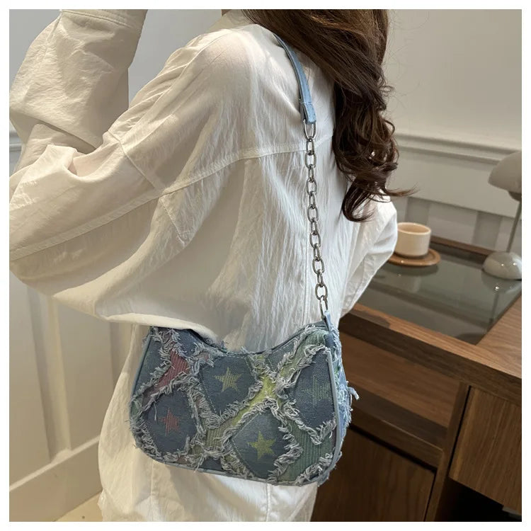 Casual Star Denim Shoulder Bags for Women Plaid Tassel Cool Hot Girls Underarm Phone Bag Fashion Versatile Female Handbags