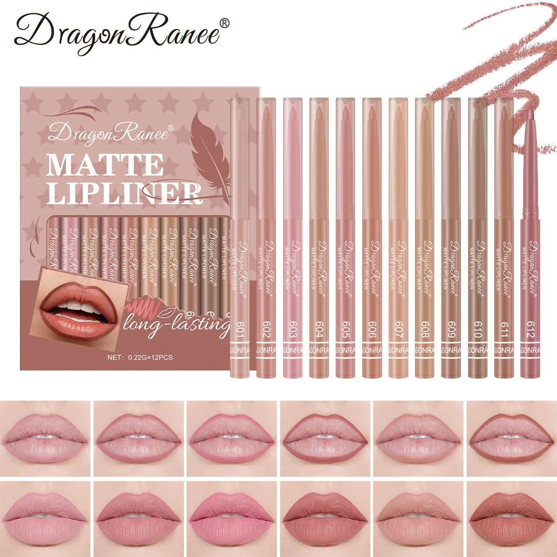 Dragon Ranee 12pcs Soft Matte Water Resistant Eraser Resistant Lip Liner Set Matte and Non-Drying Easy to Line Lip Liner Set