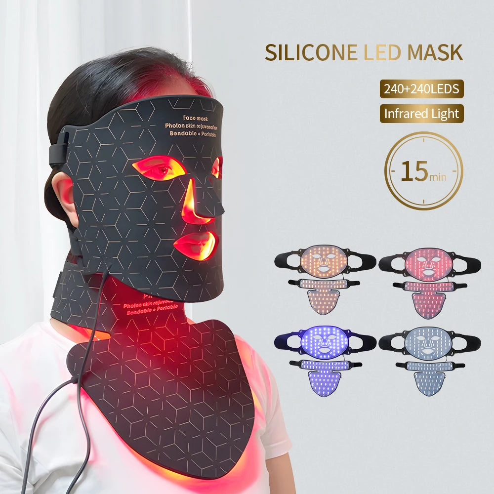 Silicone LED Mask Face With Neck 4 Colors LED Light Photon Infrared Therapy Flexible Facial Mask Repair Skin Brighten Skin Tone