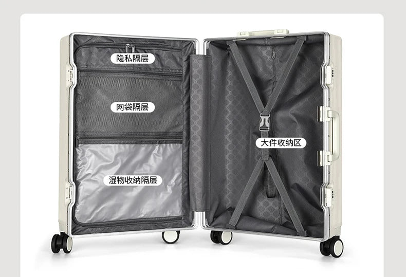 Front open trolley suitcase with cup holder travel luggage pull rod Aluminum frame Large capacity usb charging carry on suitcase