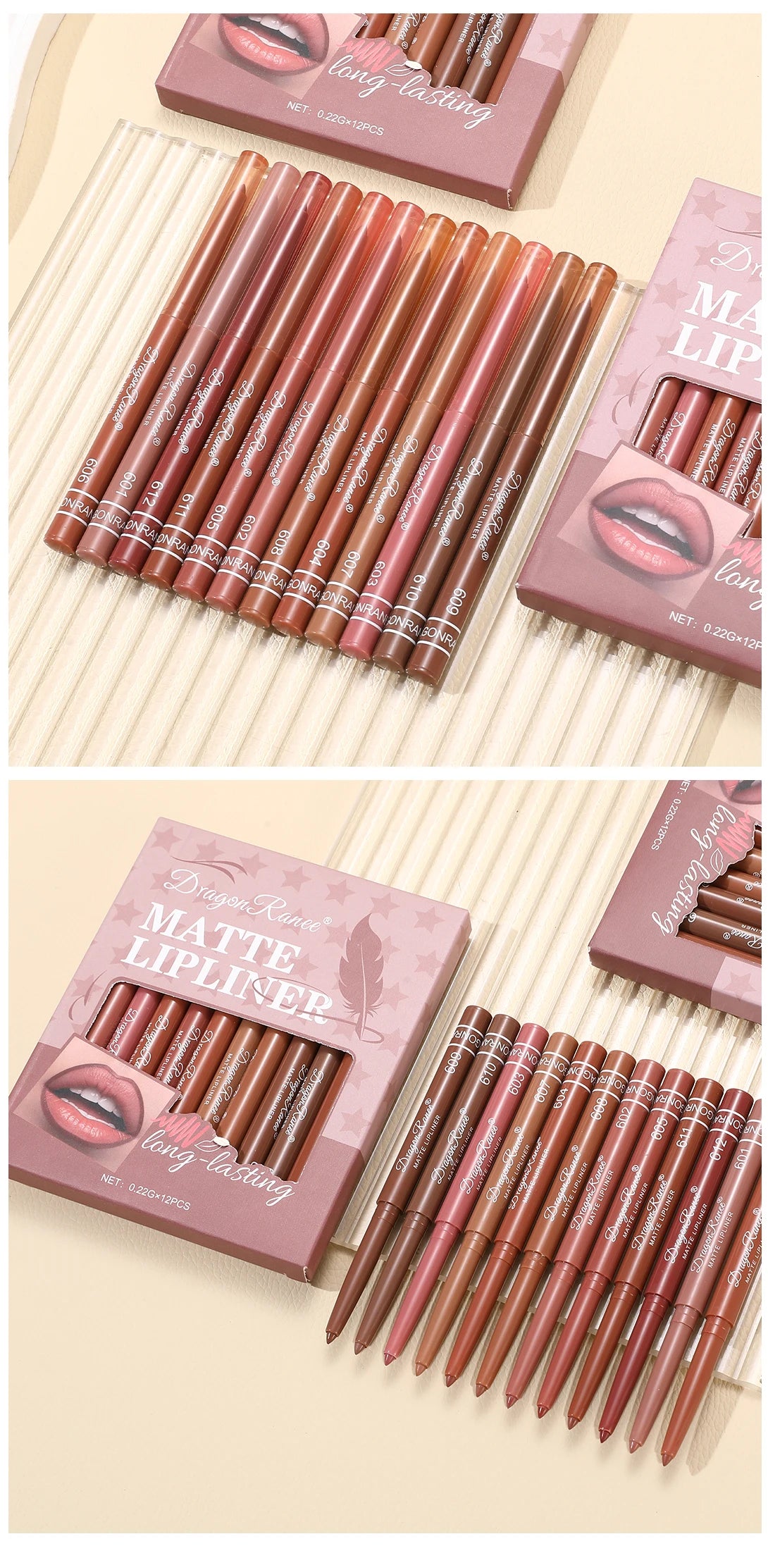 Dragon Ranee 12pcs Soft Matte Water Resistant Eraser Resistant Lip Liner Set Matte and Non-Drying Easy to Line Lip Liner Set