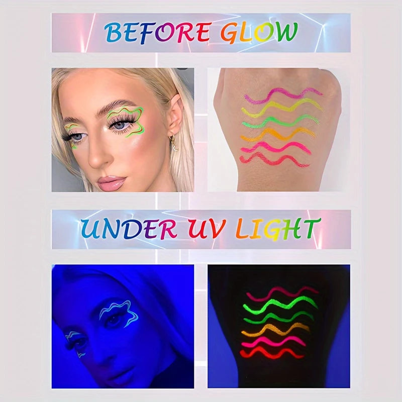 Glow In The Dark Face Paint Kit,6pcs Shimmer Glow Eyeliner set,UV Neon Face & Body Paint Sticks Marker Luminous Makeup for Music
