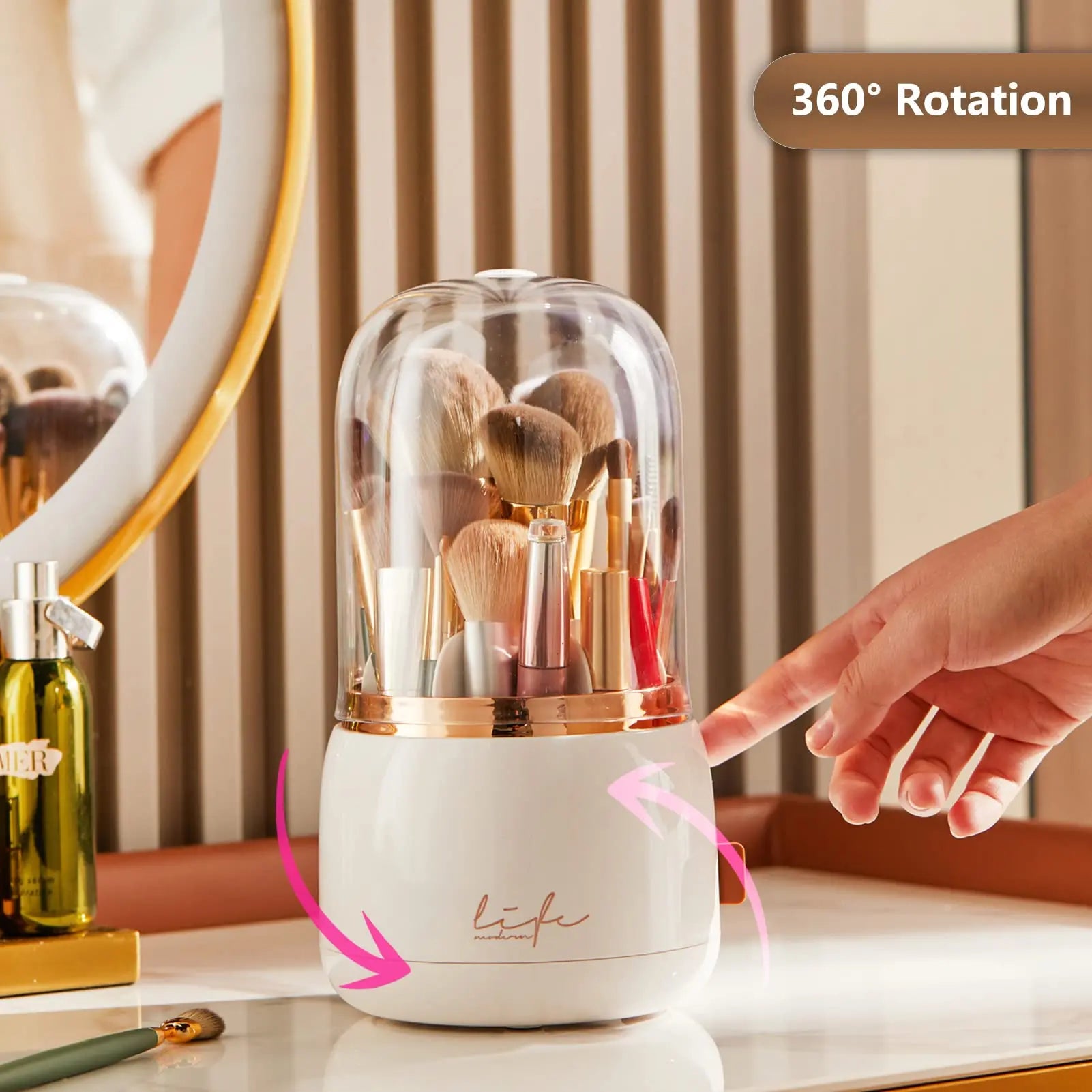 Make Up Brush Organizer 360 Rotating Cosmetics Makeup Brush Storage Box Holder with Lid Dustproof 7 Slot Storage Container