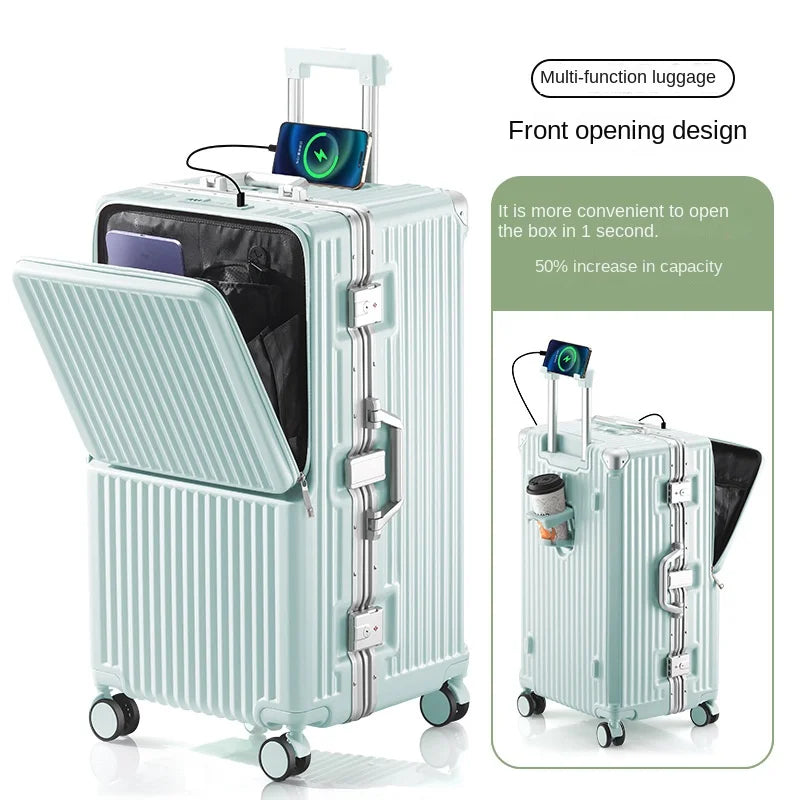 Front Opening Suitcase 2025 New Large Capacity 20/30 inch Aluminum Frame Luggage with USB Cup Holder Laptop Bag Travel Suitcases