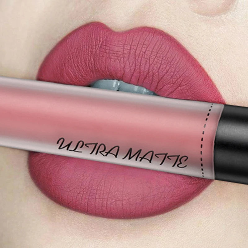 QIBEST Waterproof Matte Nude Lip Gloss 12 Colors Lasting Liquid Lipstick Moisturizing Non-stick Cup Black Red Purple Lip Glaze