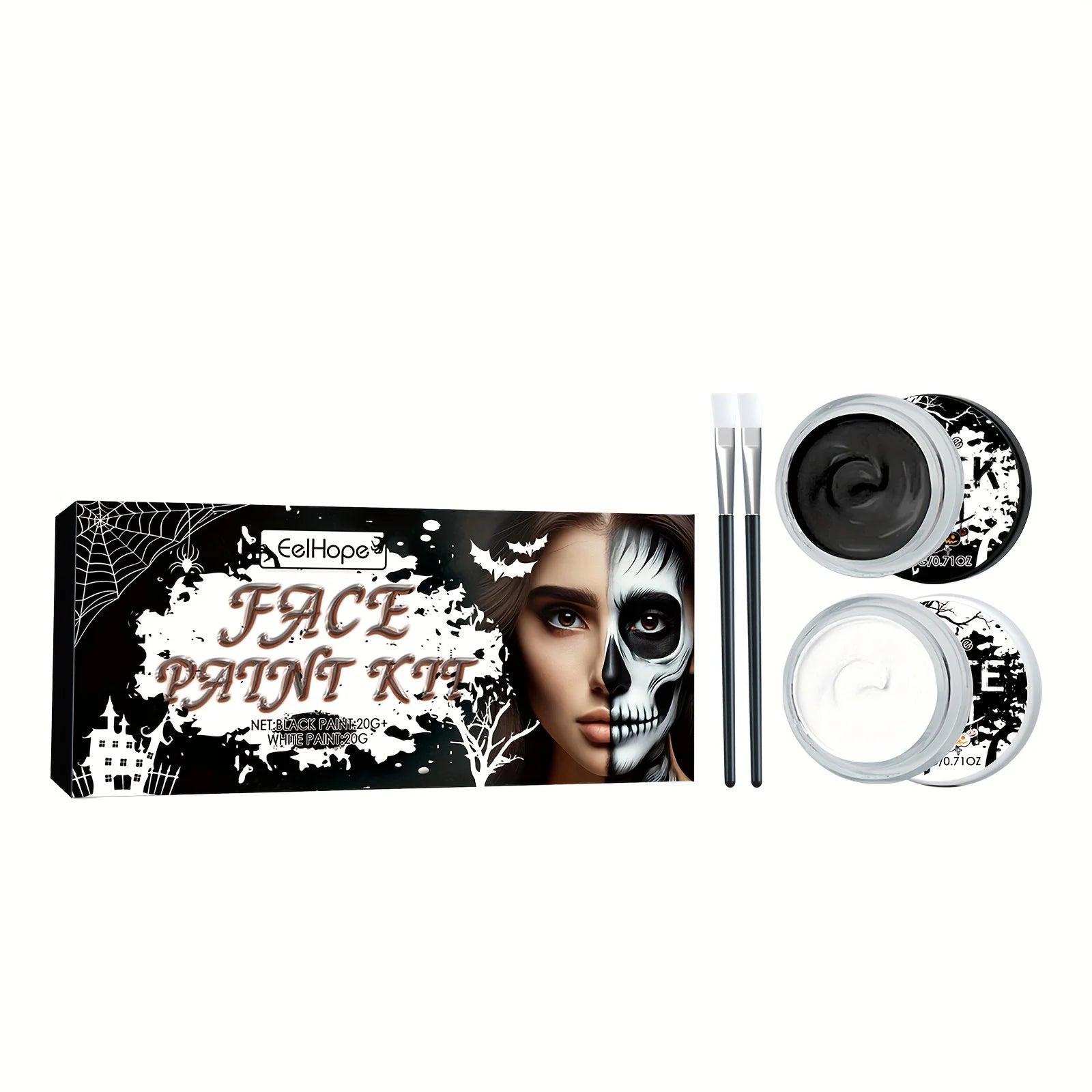 Black & White Face Body Paint Kit with Brushes Long-Lasting Makeup For Halloween Festive Fun Makeup Accessories Makeup Set