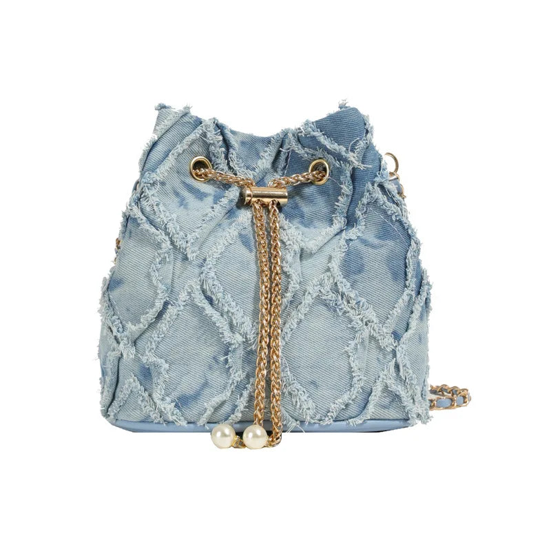 Vintage Denim Bucket Bag Retro Style Light Blue Ripped Edge Design Gold Chain Pearl Embellishment Adjustable Fringe Shoulder Bag