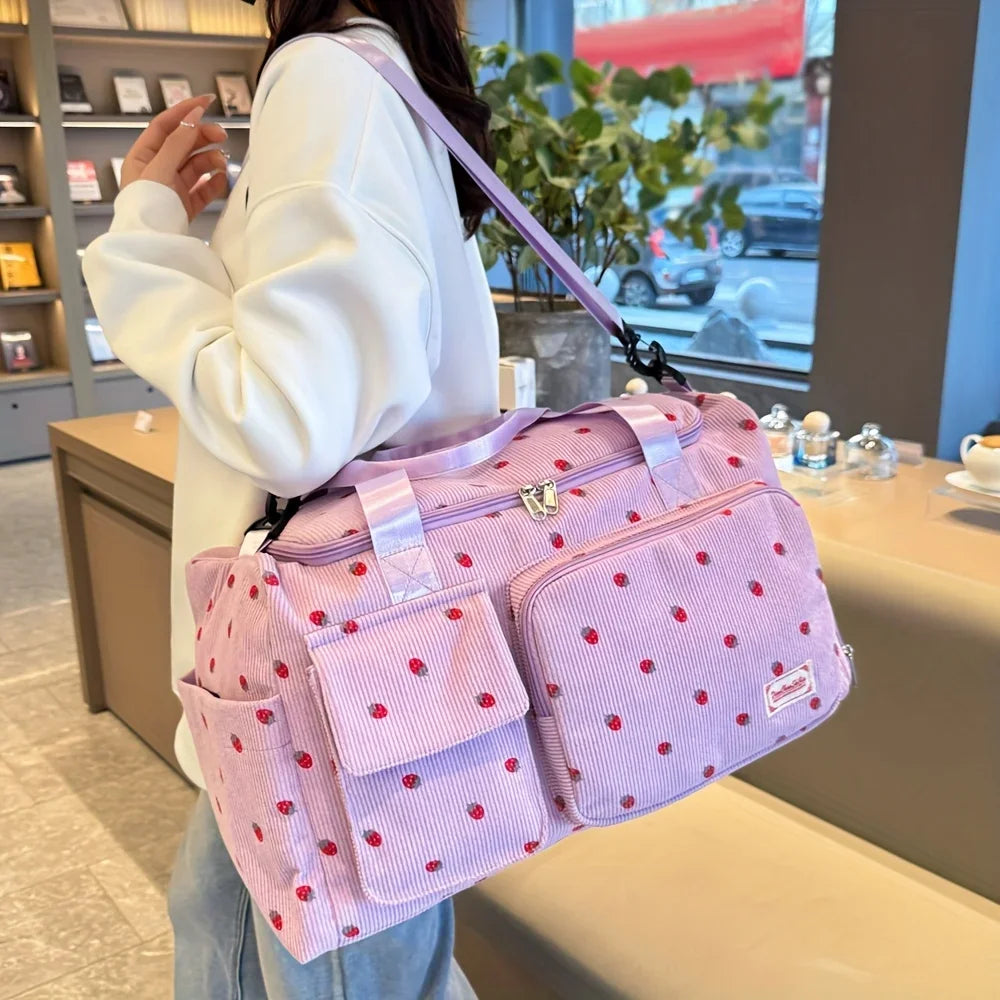 Large Capacity Casual Strawberry Print Duffel Bag with Multiple Compartments - Ideal for Travel, Gym, and Everyday Use