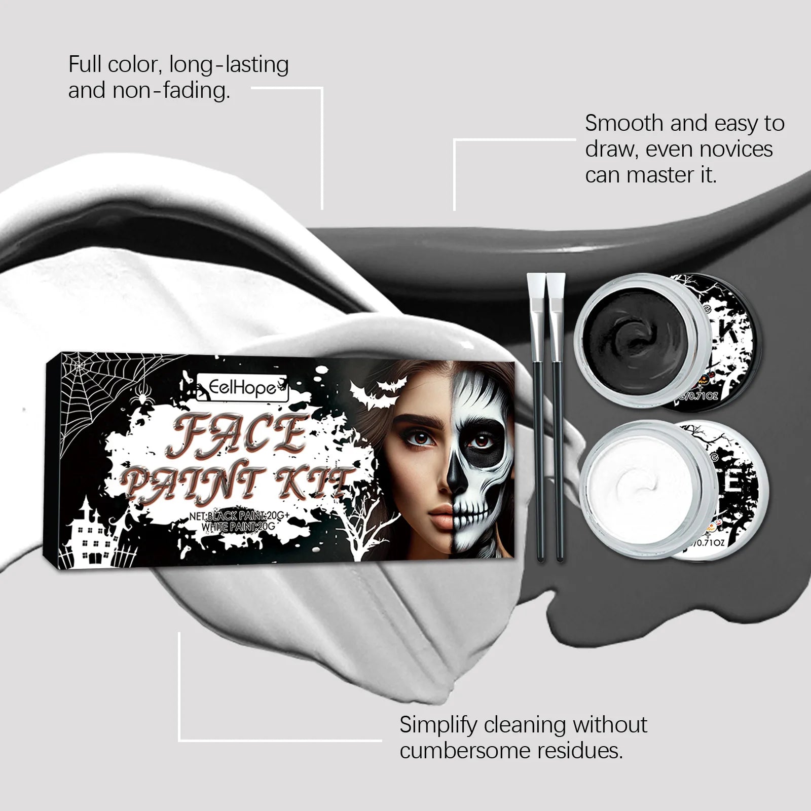 Black & White Face Body Paint Kit with Brushes Long-Lasting Makeup For Halloween Festive Fun Makeup Accessories Makeup Set