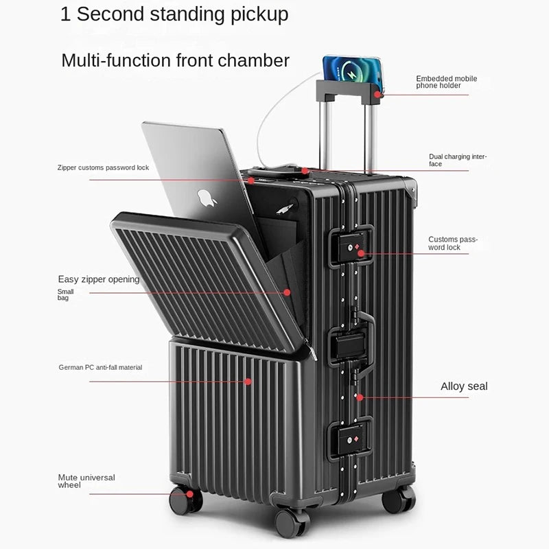 Front Opening Suitcase 2025 New Large Capacity 20/30 inch Aluminum Frame Luggage with USB Cup Holder Laptop Bag Travel Suitcases