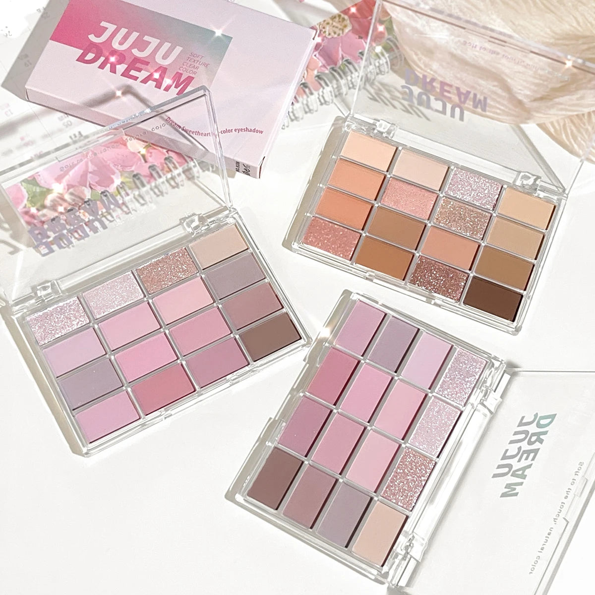 Dream 16 color eyeshadow palette - matte, glitter, shimmer, earth brown, purple and pink - low saturation everyday makeup