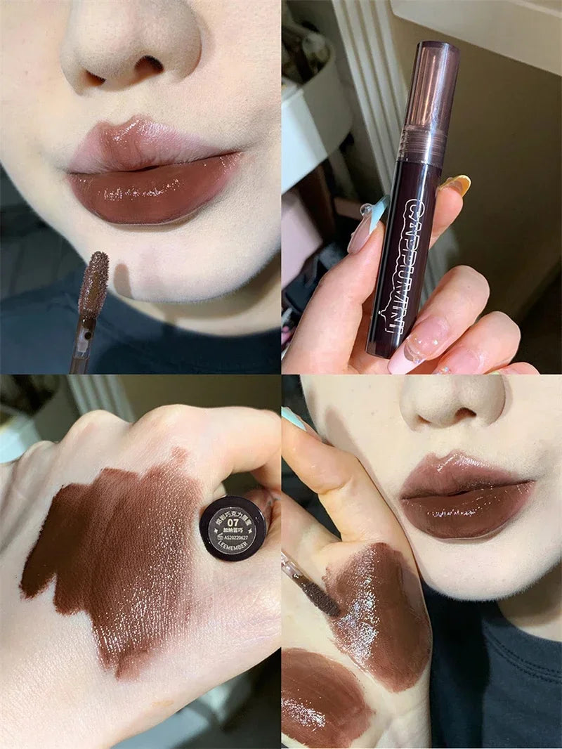 Punk Dark Brown Mirror Water Lip Gloss Red Lip Glaze Transparent Glass Lip Oil Waterproof Liquid Lipstick Clear Tint Makeup New