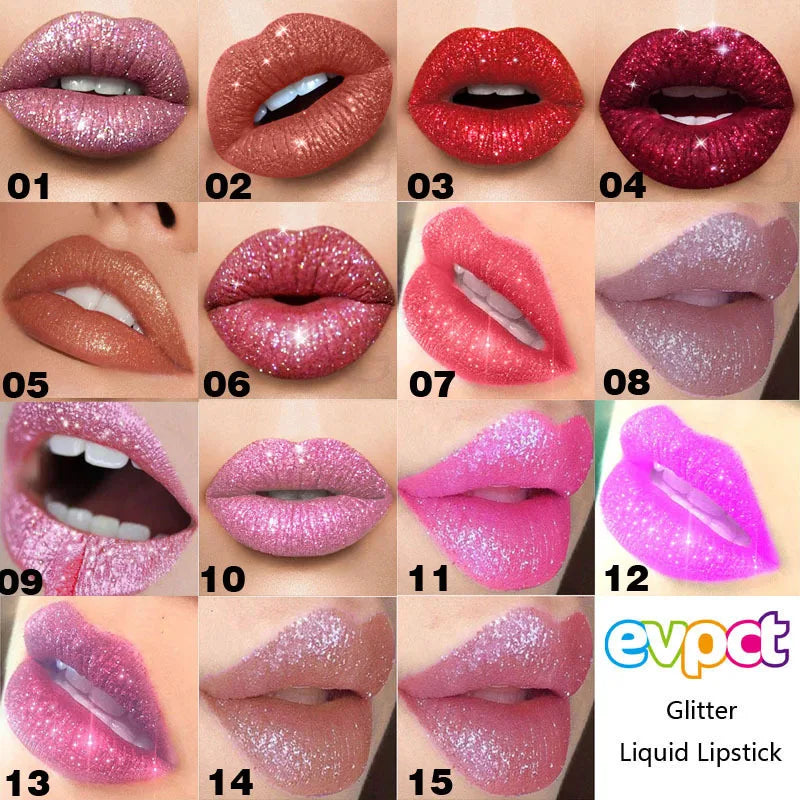 15 Color Glitter Liquid Lipsticks Shimmer Shiny Lipgloss Pearlescent Lip Tint Waterproof Long Lasting Matte Diamond Lips Glaze