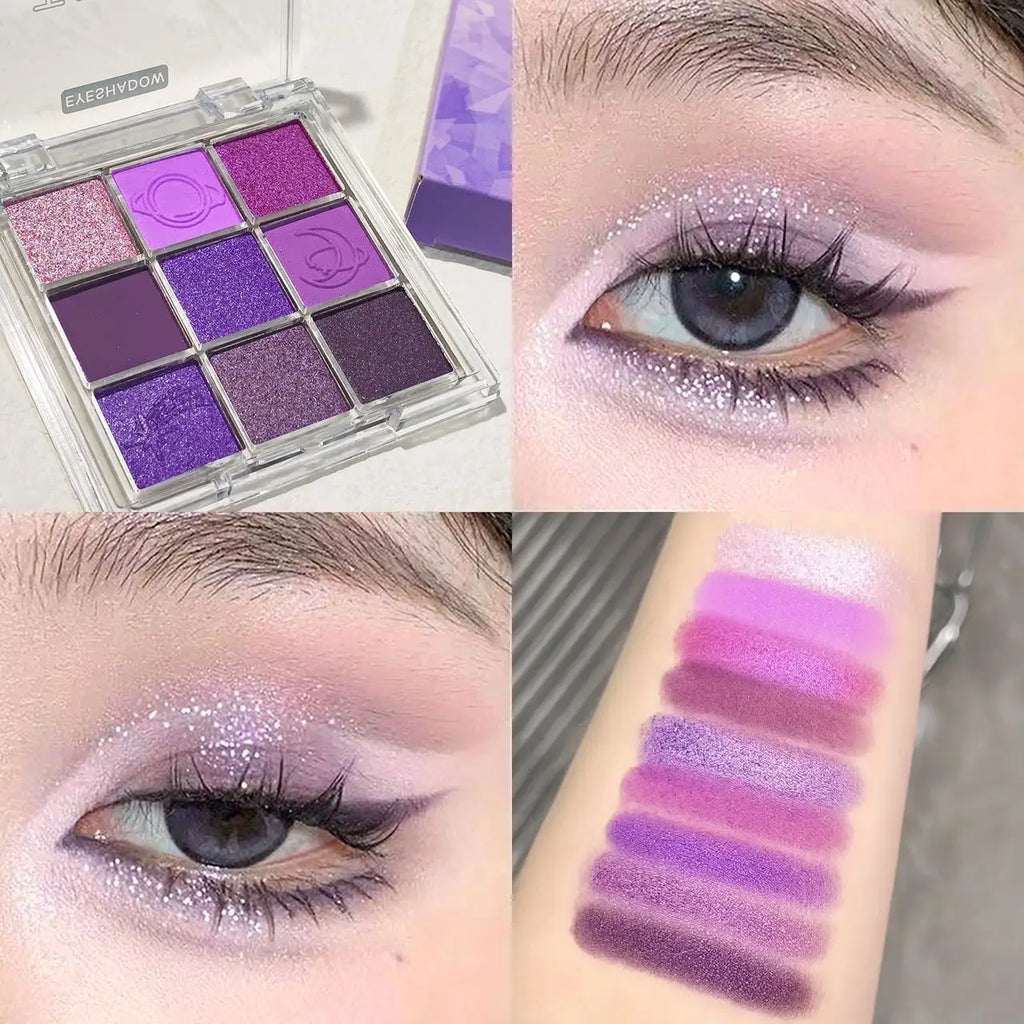 Purple tassel nine-color eyeshadow, smoked violet makeup, pearlescent matte, nine-square grid color eyeshadow palette